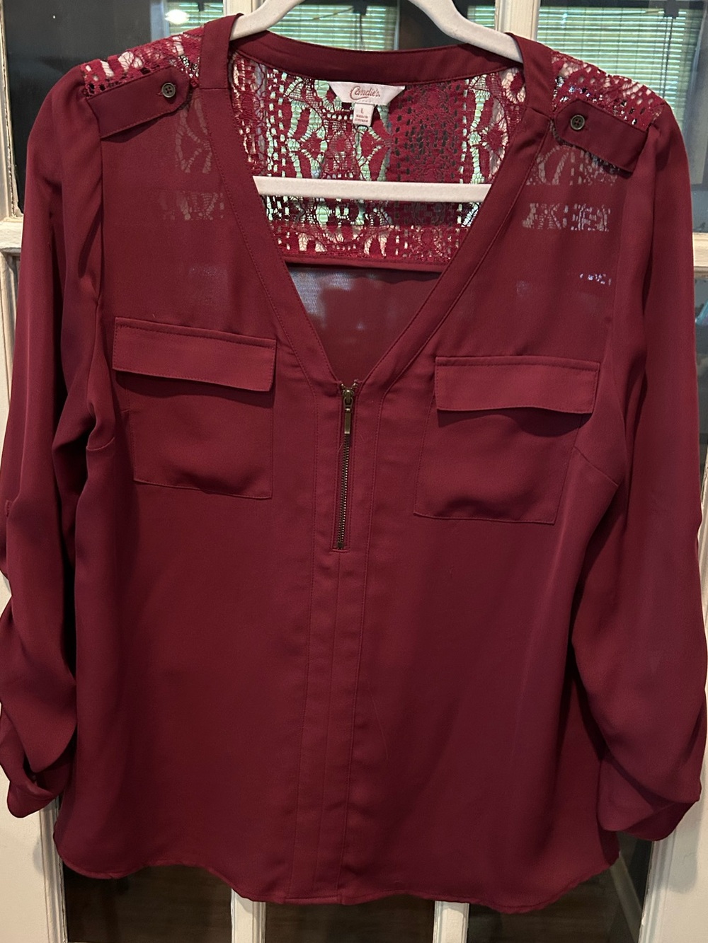 Candie's Wine Lace-Back Zip V-Neck Blouse